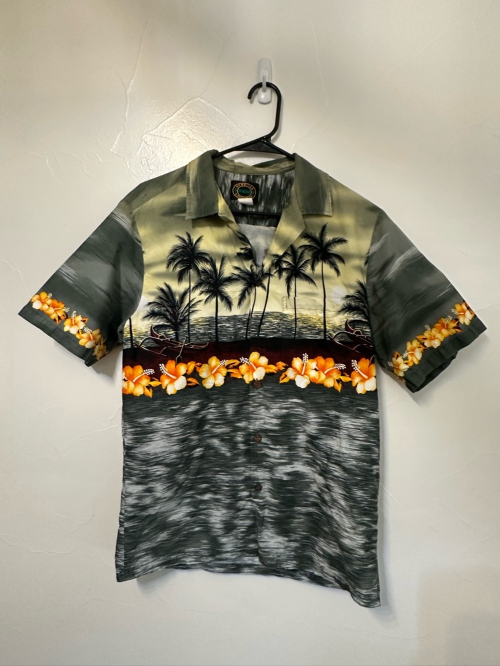 Hawaiian Tropical Palm Print Short Sleeve Button-Down Shirt - Olive/Yellow